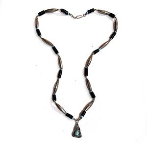 Signed, Navajo.Old Pawn Turquoise, Jet, Sterling Beaded 18.5” Necklace w/Pendant